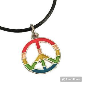 Peace Sign Pendant Choker Necklace Black Cord 16-18" Rainbow Hippie LGBT Retro